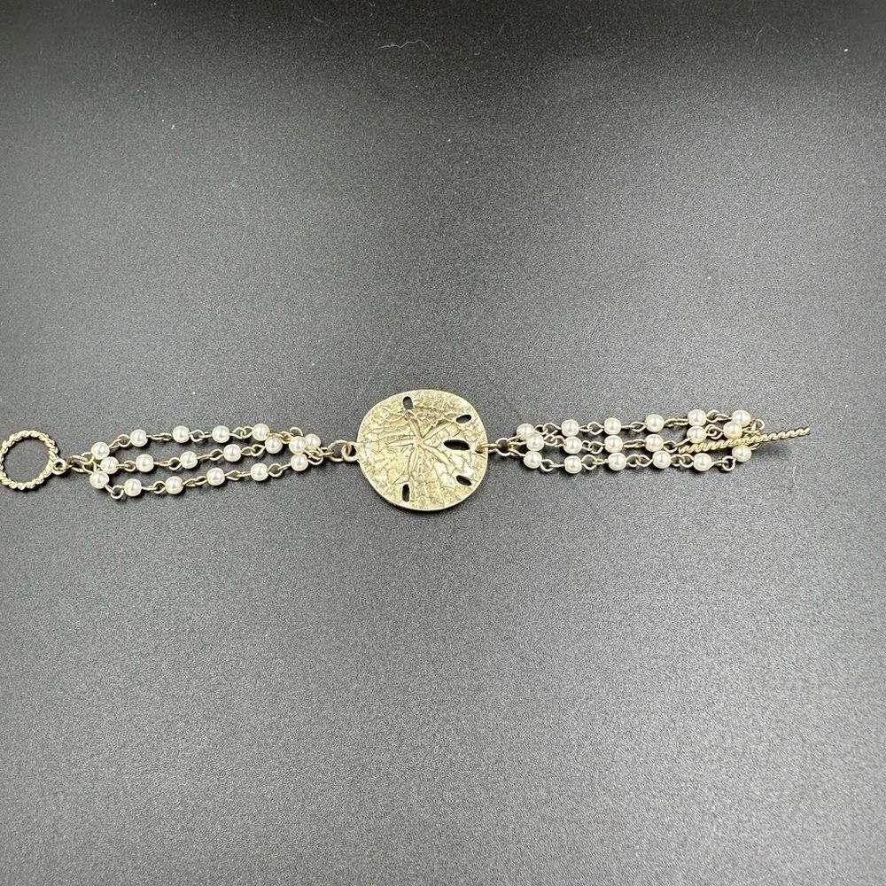 Gold Sand Dollar Bracelet Triple Strand Faux Seed Pearl Toggle Coastal Beach - Picture 3 of 7